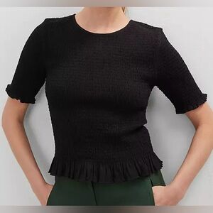 NWT, Ann Taylor Smocked Ruffle Trimmed Short Sleeve Shirt, Black, Size XS